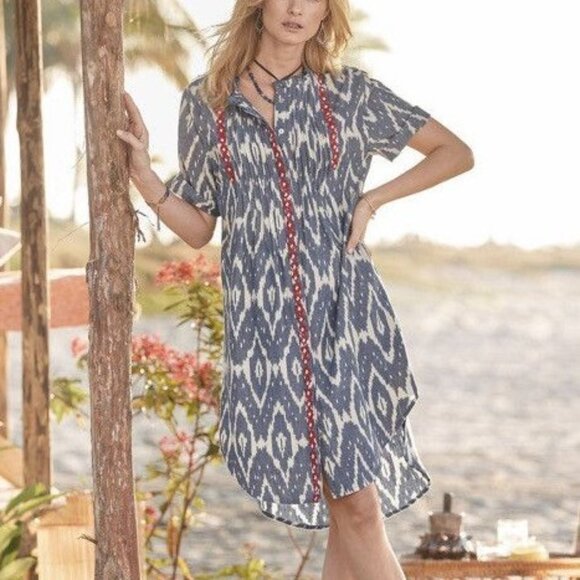 Sundance Isabel Ikat Shirt Dress Embroidered Short Sleeve Blue White Size M NEW - Picture 1 of 8